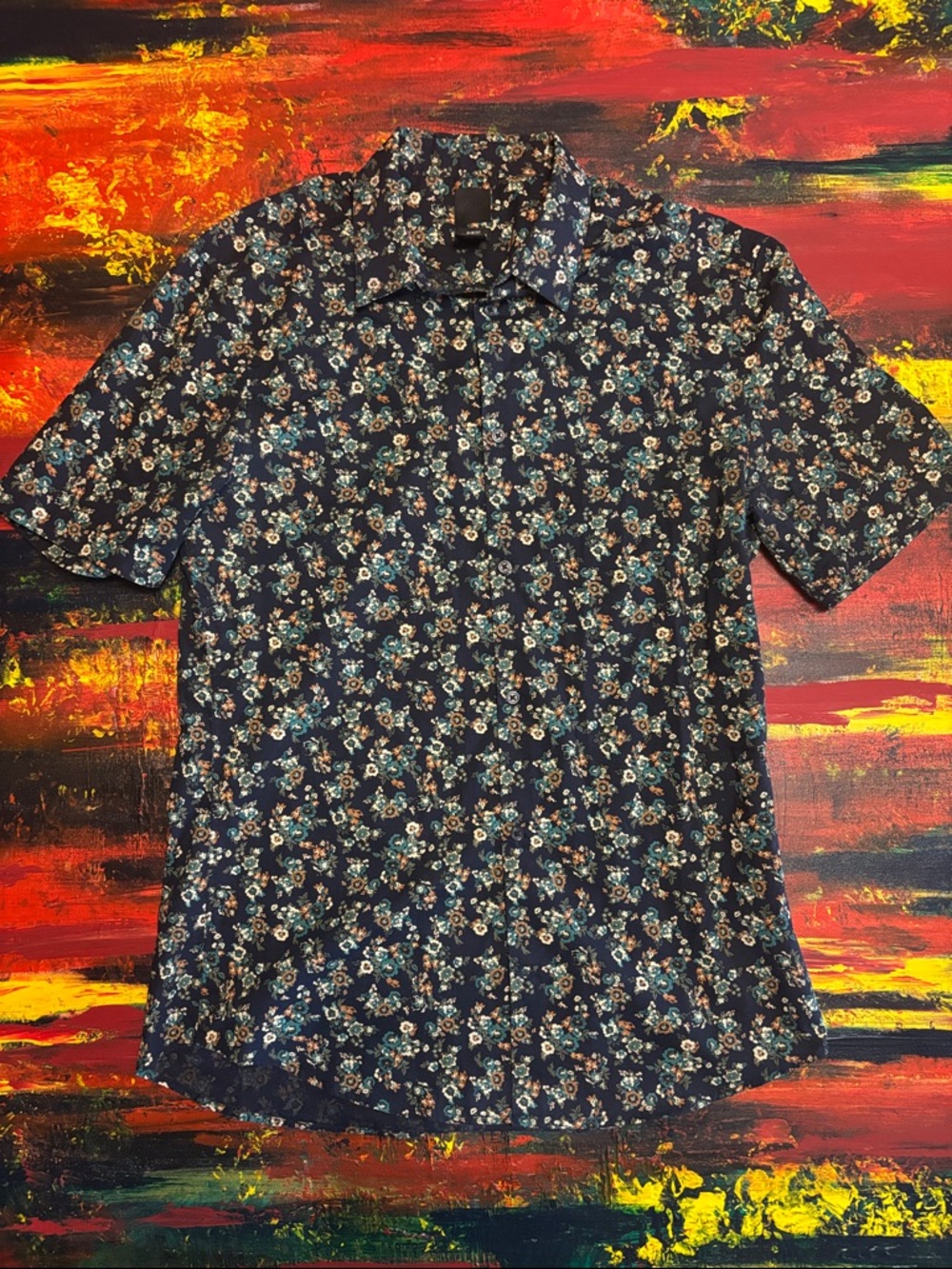 H&M Navy Blue Floral Short-Sleeve Button-Down Slim fit Shirt